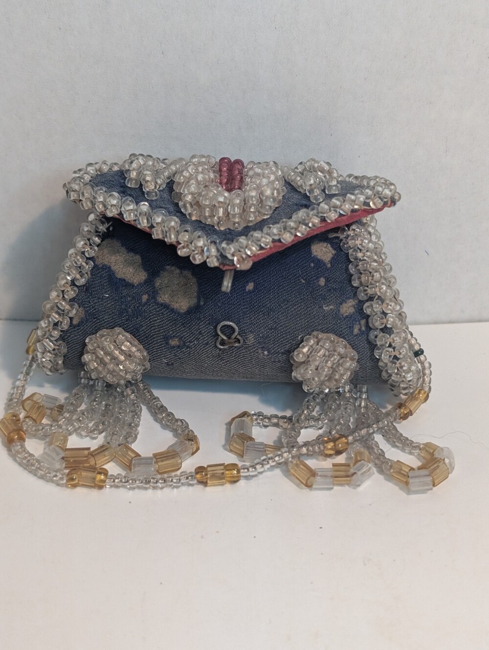 Antique Iroquois Native American beaded "whimsy" blue purse with beadwork.